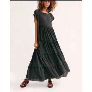 Free People FP Beach Gray Saltwater Tiered Maxi Dress Size XS Square Neck